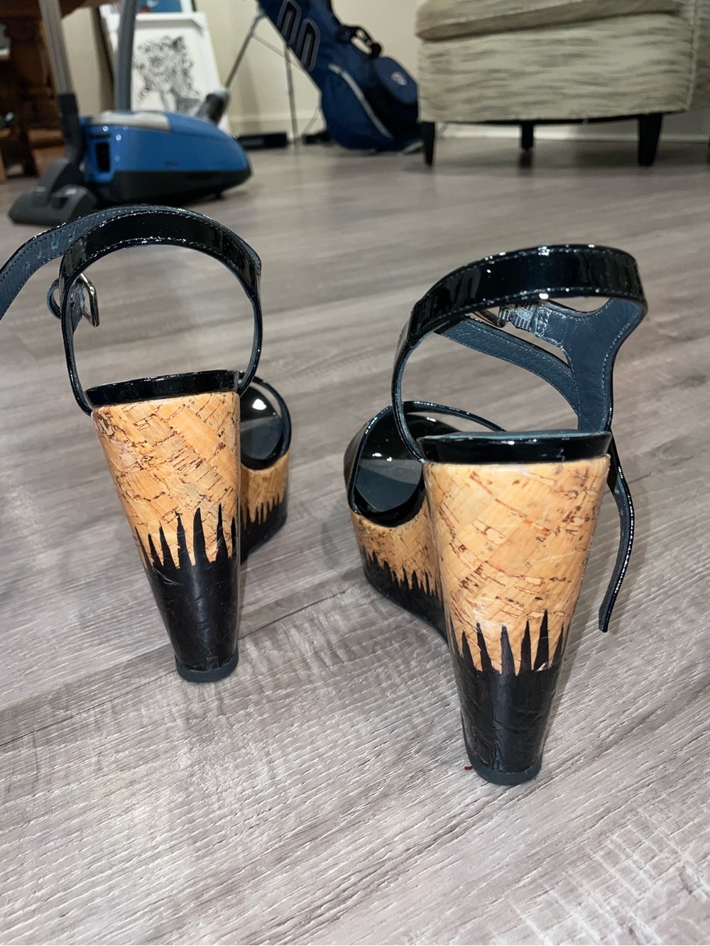 Stuart Weitzman Black Patent Cork Platform Wedge Sandals - Picture 4 of 9